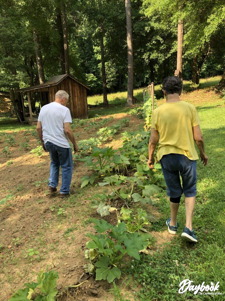 two people walking through a garden