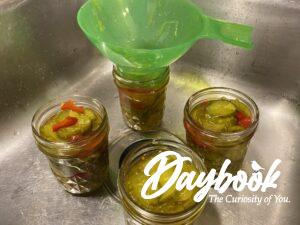 Filling glass jars with pickles