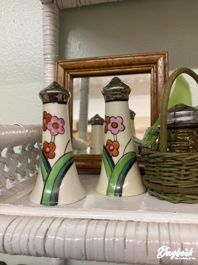 antique salt and pepper shakers with pink flowers
