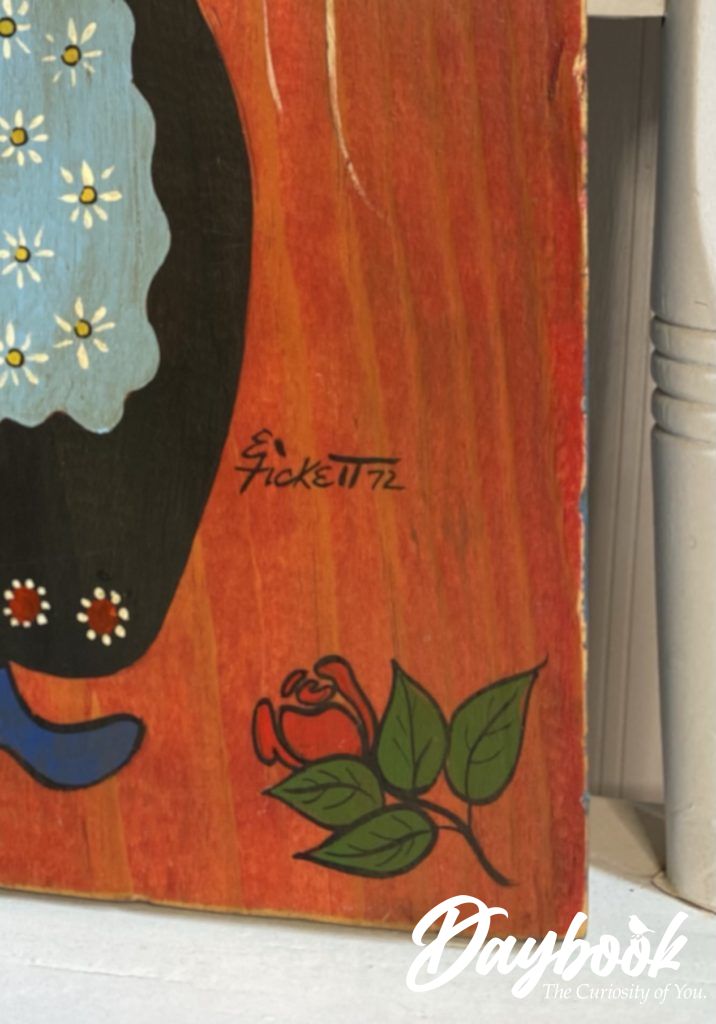 Fickett signature on front of folk art