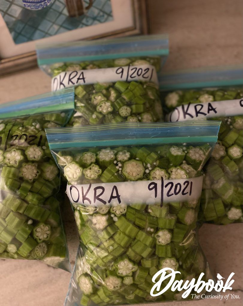 sliced okra in a freezer bag
