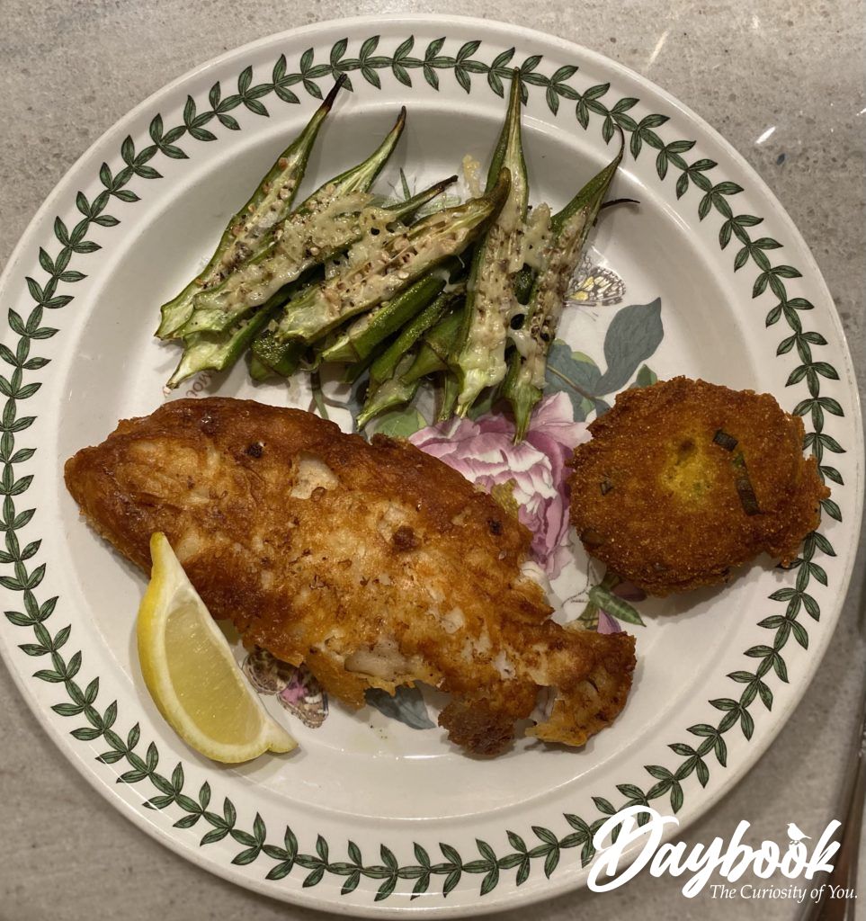 roasted okra with fried fish and hushpuppy