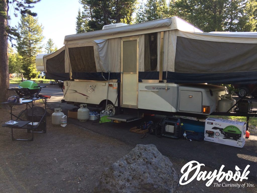Pop-up camper set up and ready in Yellowstorne