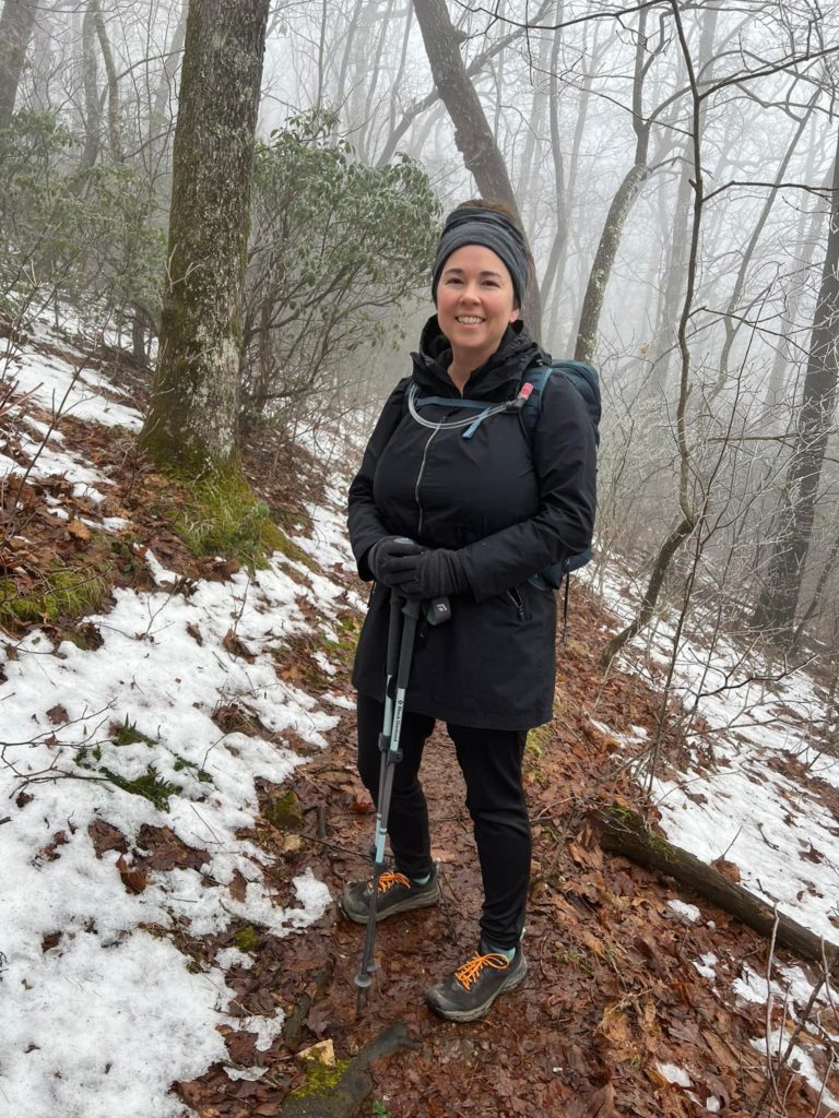 Jill on the trail leaving the Hike Inn near Amicalola Falls