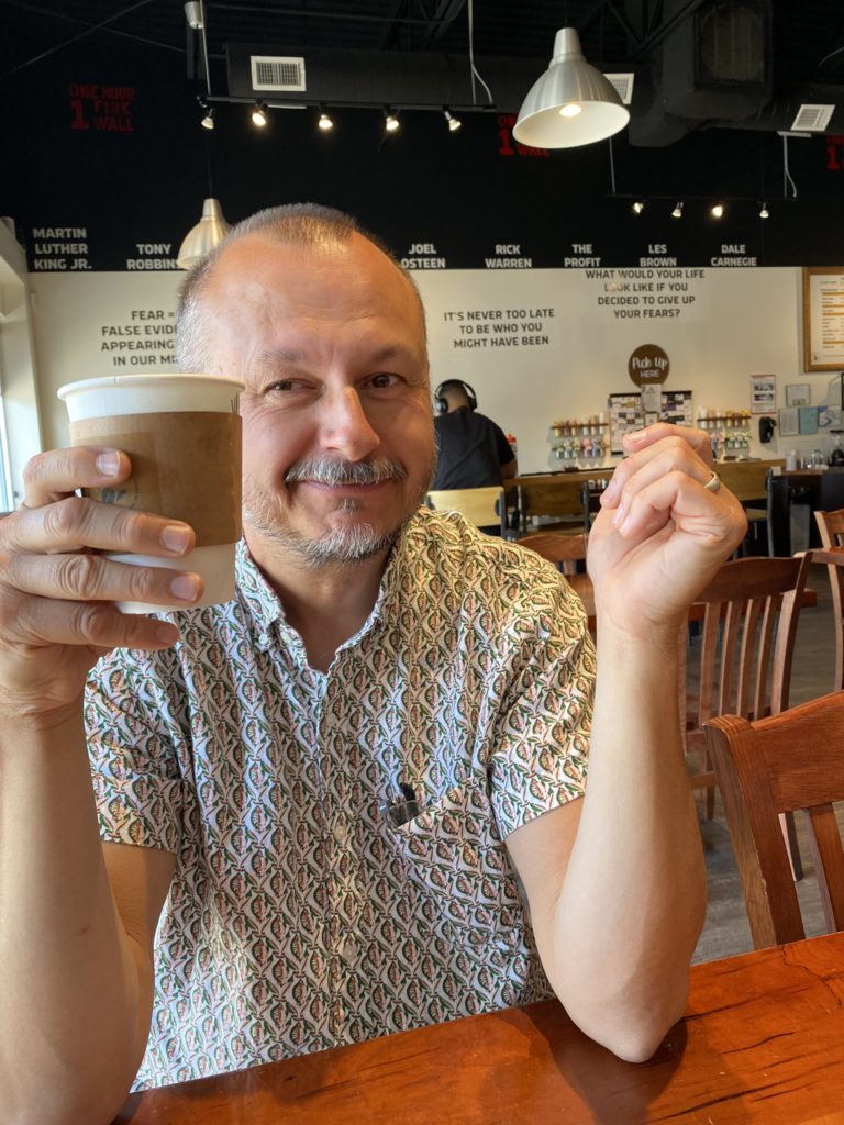 John having a cup of coffee in Marietta, Georgia