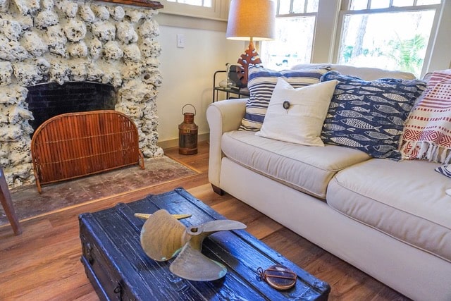 A living room view inside a 1940s Florida cottage