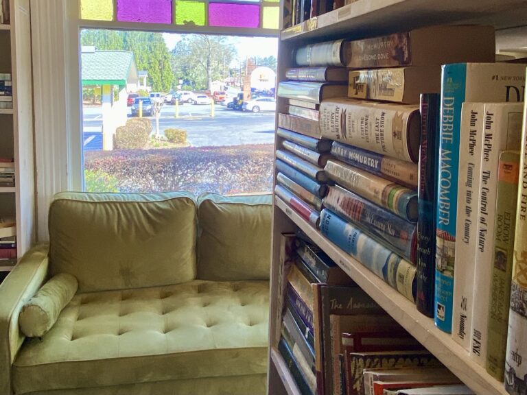 A green sofa in the corner of a local bookstore.